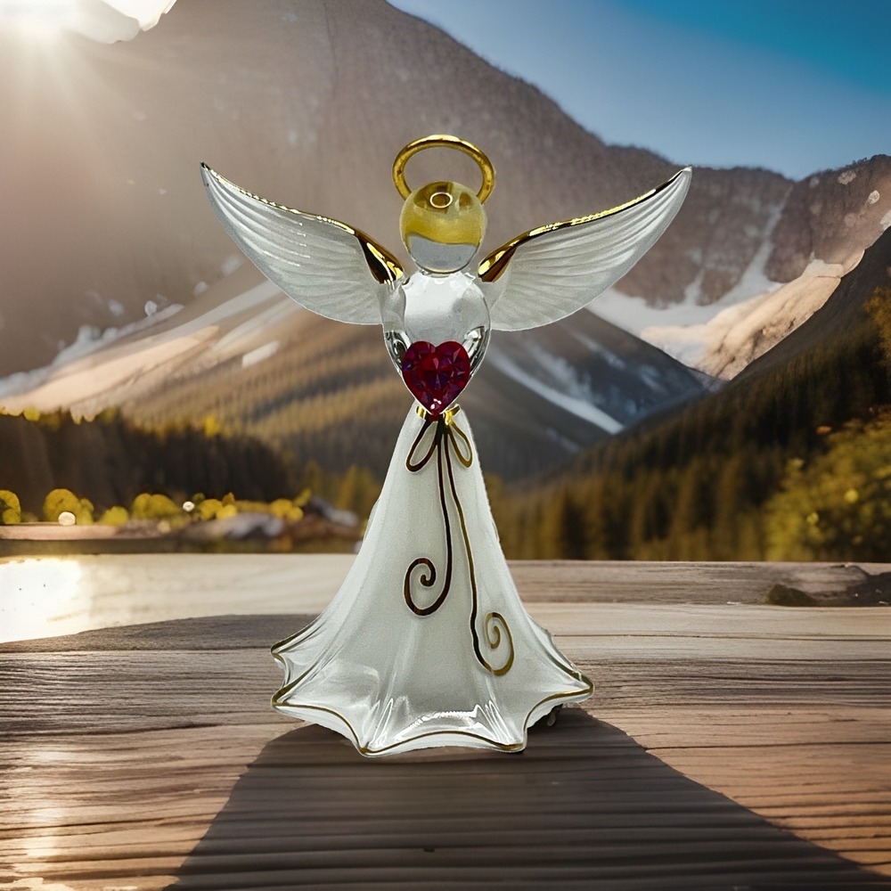 1999 NEW Glass Baron White Angel Angelique Red Heart Crystal Gold Swirl Box